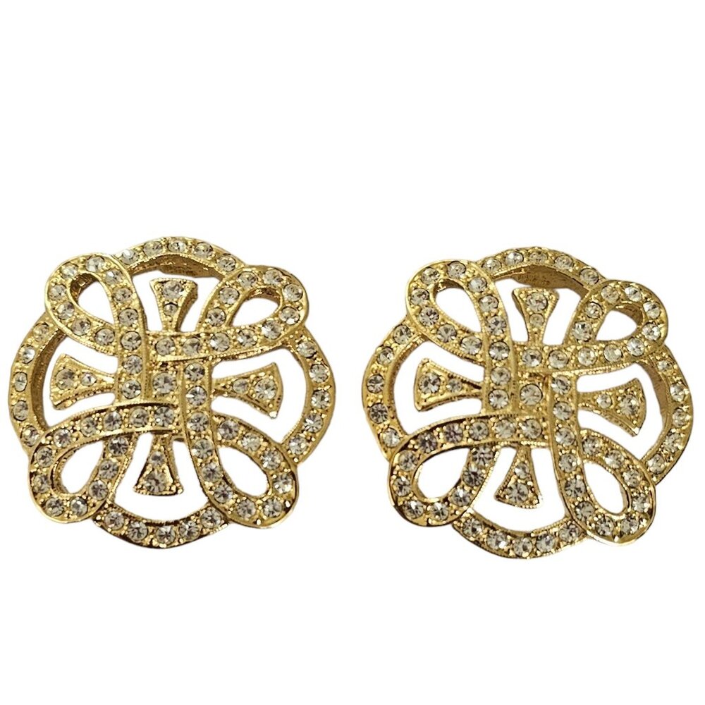 Gold Tone Clear Rhinestone Irish, Love Mobius Knot Clip On Earrings L236